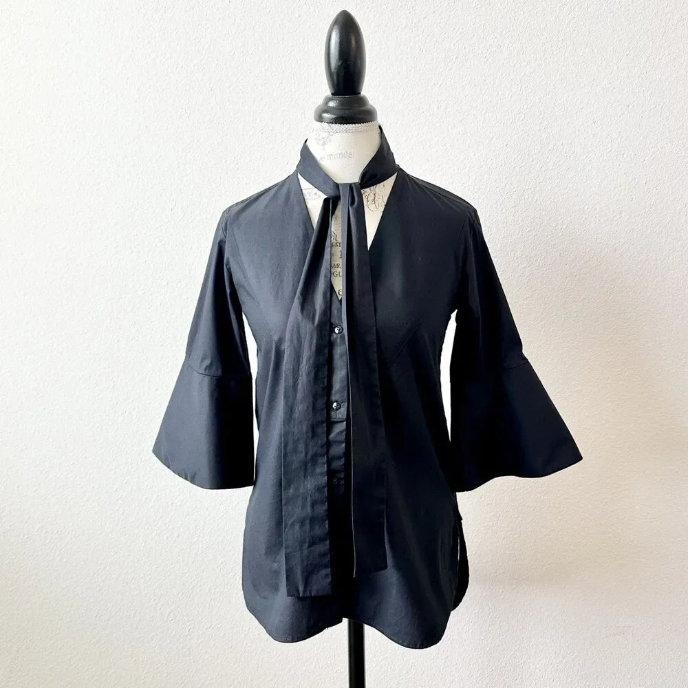 Palmer Harding Black Stretch Cotton V-neck Blouse Tie Neck Bell Sleeve Sz 0/2